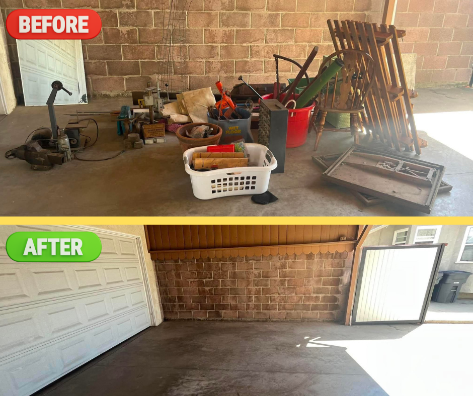 Before and after garage junk removal in Los Angeles County, cluttered garage with old furniture, tools, and a broken table cleared to a bare concrete floor.