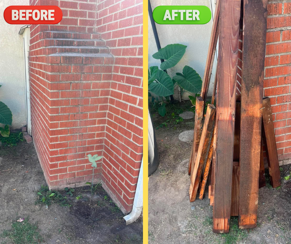 Before and after yard junk removal, scrap fence wood and old lumber stacked beside a brick wall then hauled away by Bin & Beyond.