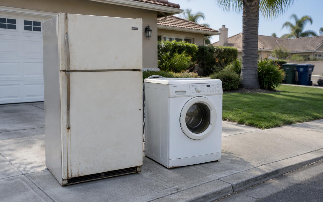 Old refrigerator and washing machine waiting in a driveway for appliance removal