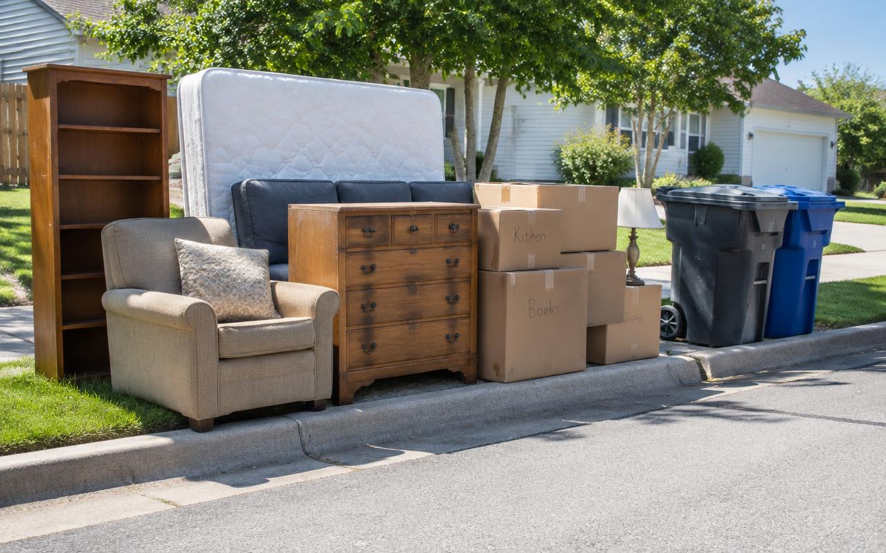 Furniture, boxes, and a mattress stacked at a suburban curb beside trash bins