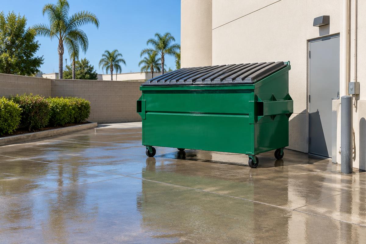 Clean green commercial dumpster on freshly washed concrete behind a Southern California business