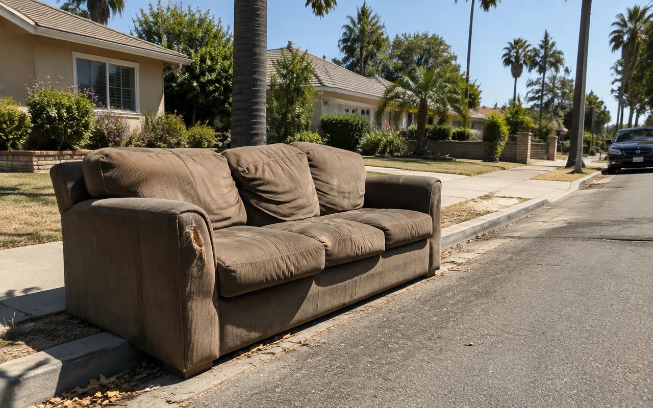 Old brown couch left at a sunny Southern California residential curb for pickup