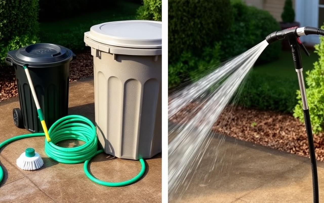 Garden hose and scrub brush beside a trash bin next to a pressure washing wand