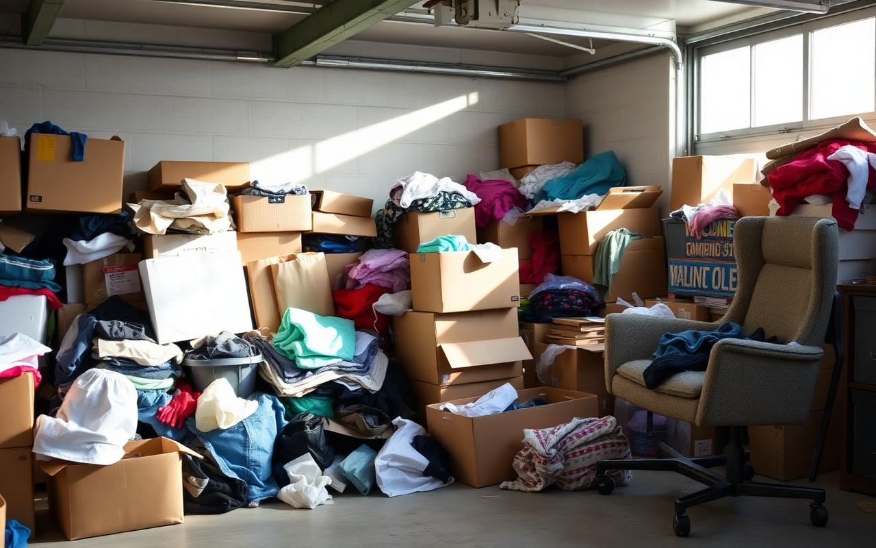 Household items and boxes sorted in a garage before donation and disposal