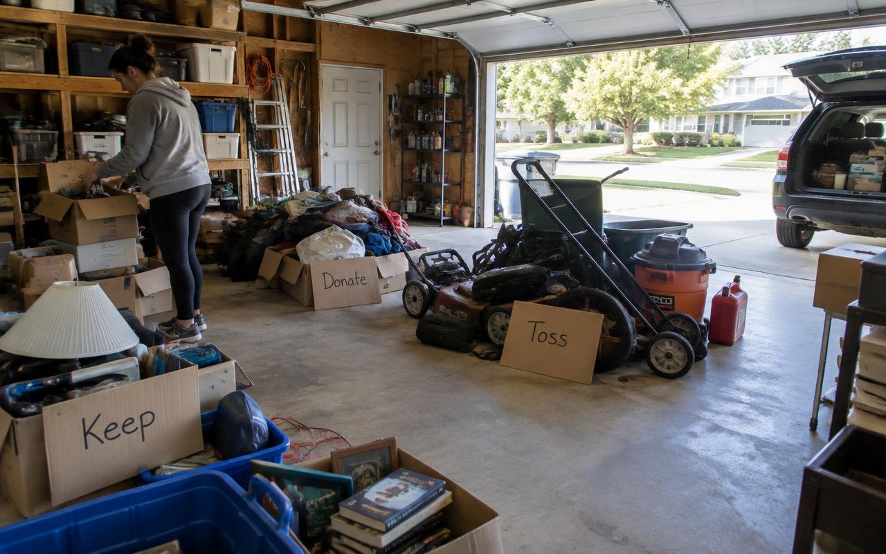 Homeowner sorting boxes into keep, donate, and toss piles during a garage cleanout