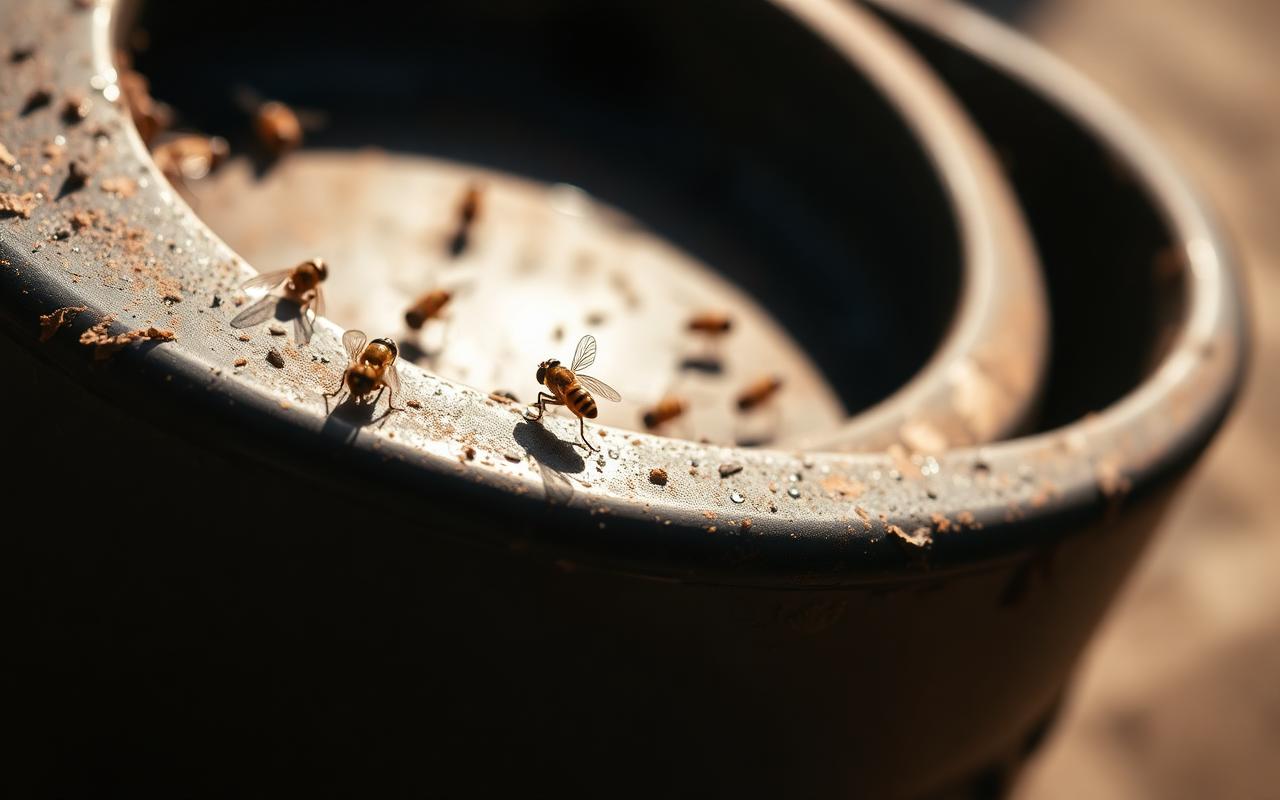 Close up of flies gathered on the grimy rim of a trash bin in hot sunlight