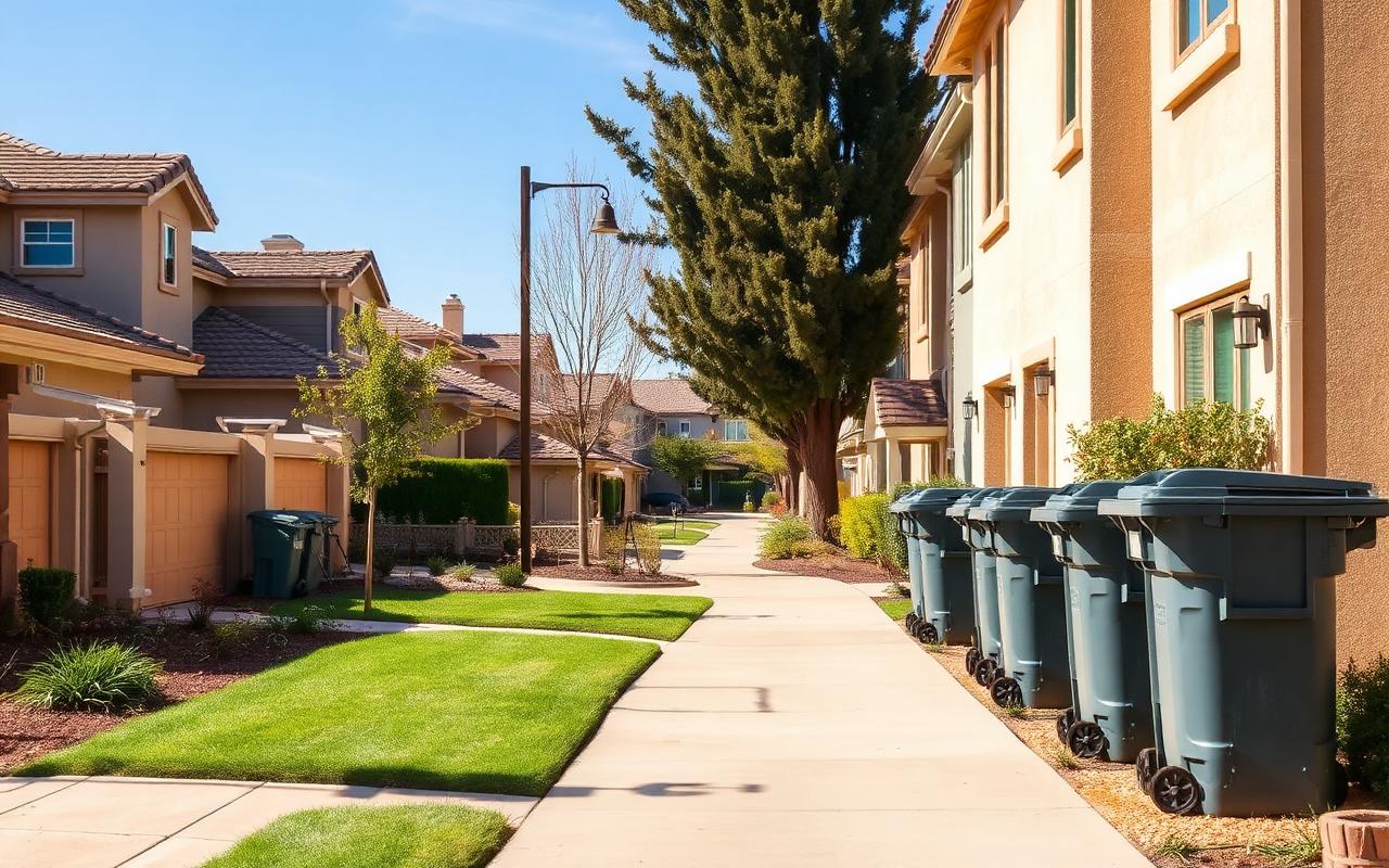 Trash bins staged along a shared walkway in a Southern California HOA community
