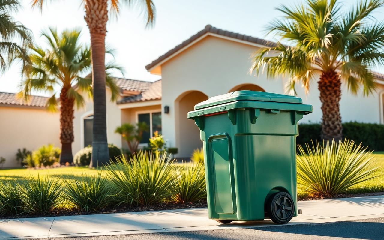Green residential trash bin at a sunny Southern California curb