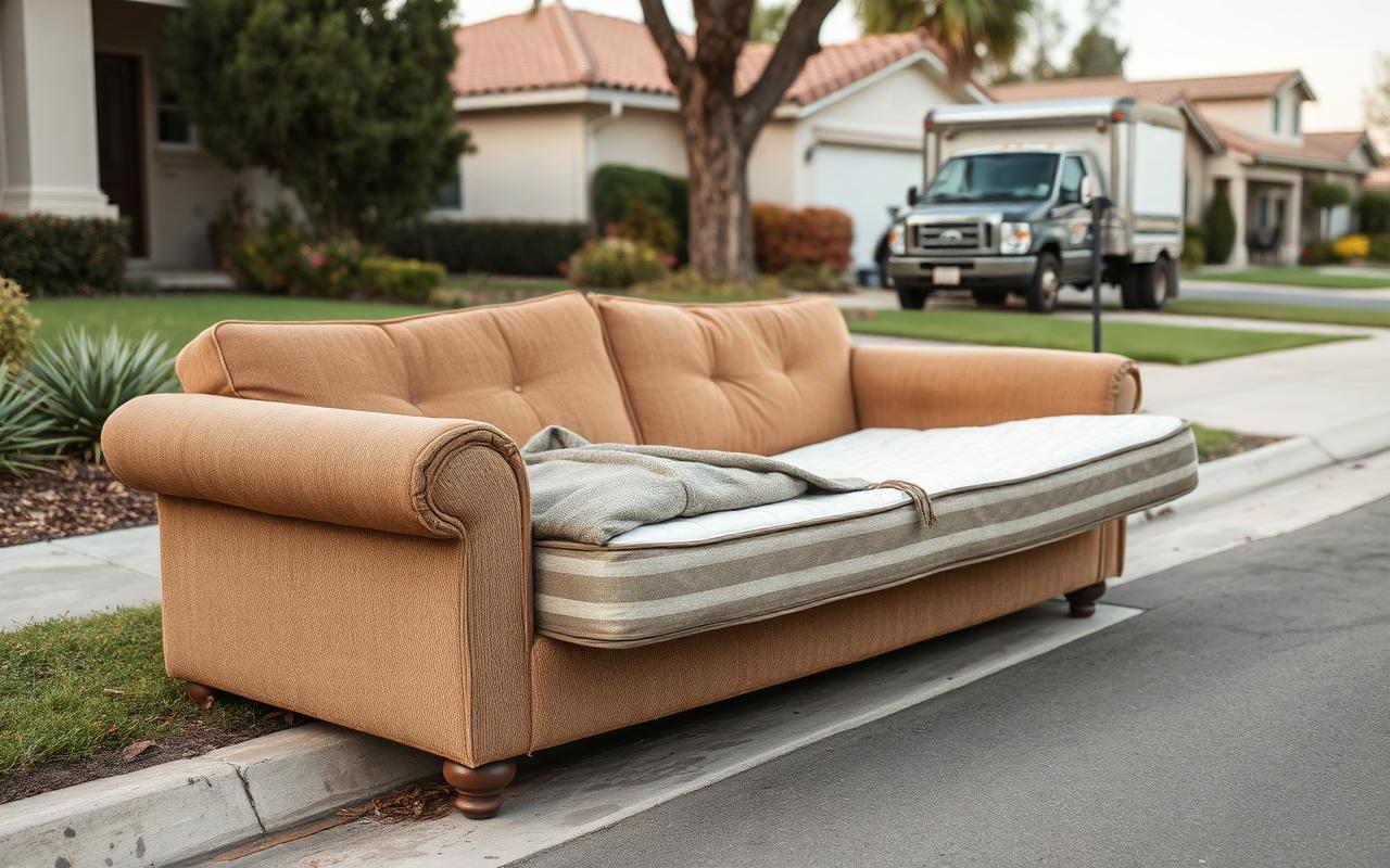Old couch and mattress at a Southern California curb awaiting junk removal pickup