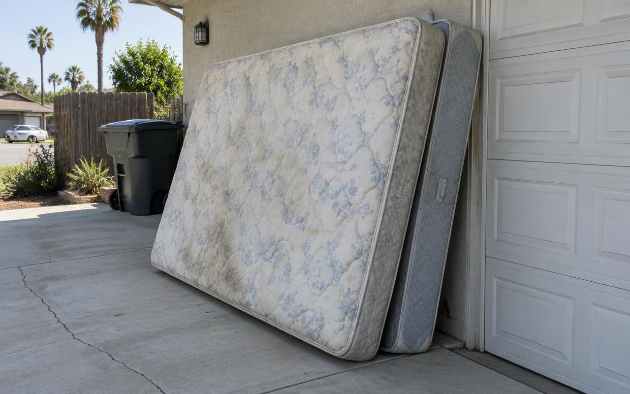 Old stained mattress and box spring leaning against a garage wall in a driveway
