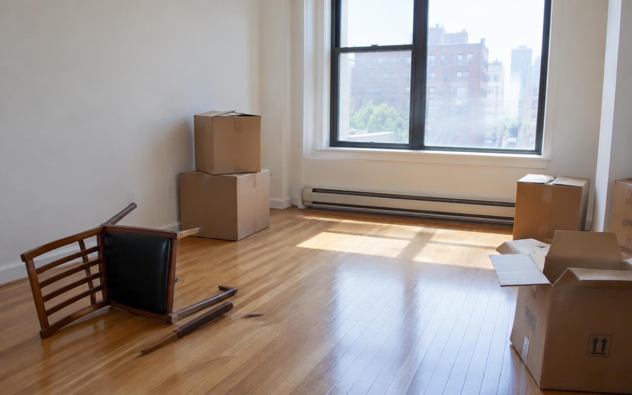 Empty apartment on moving day with leftover boxes and a broken chair left behind