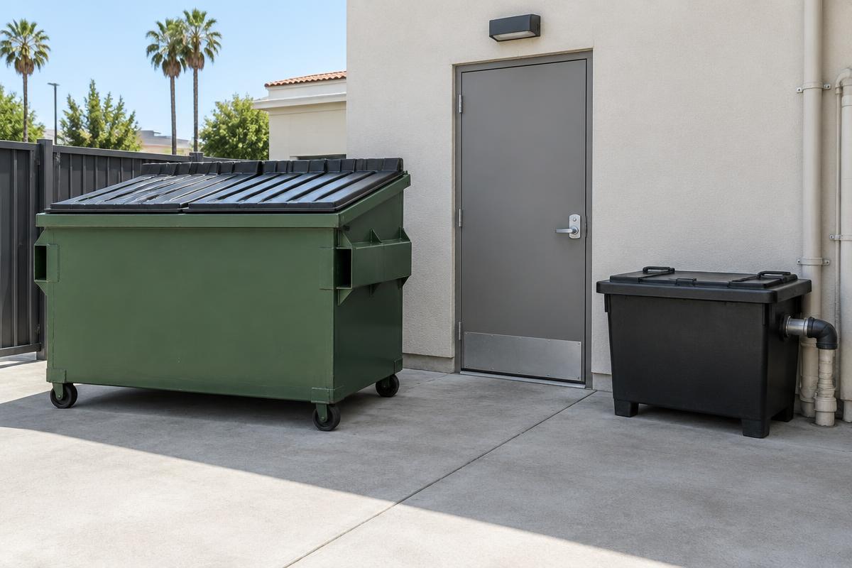Restaurant back service door with a clean commercial dumpster and grease container on spotless pavement
