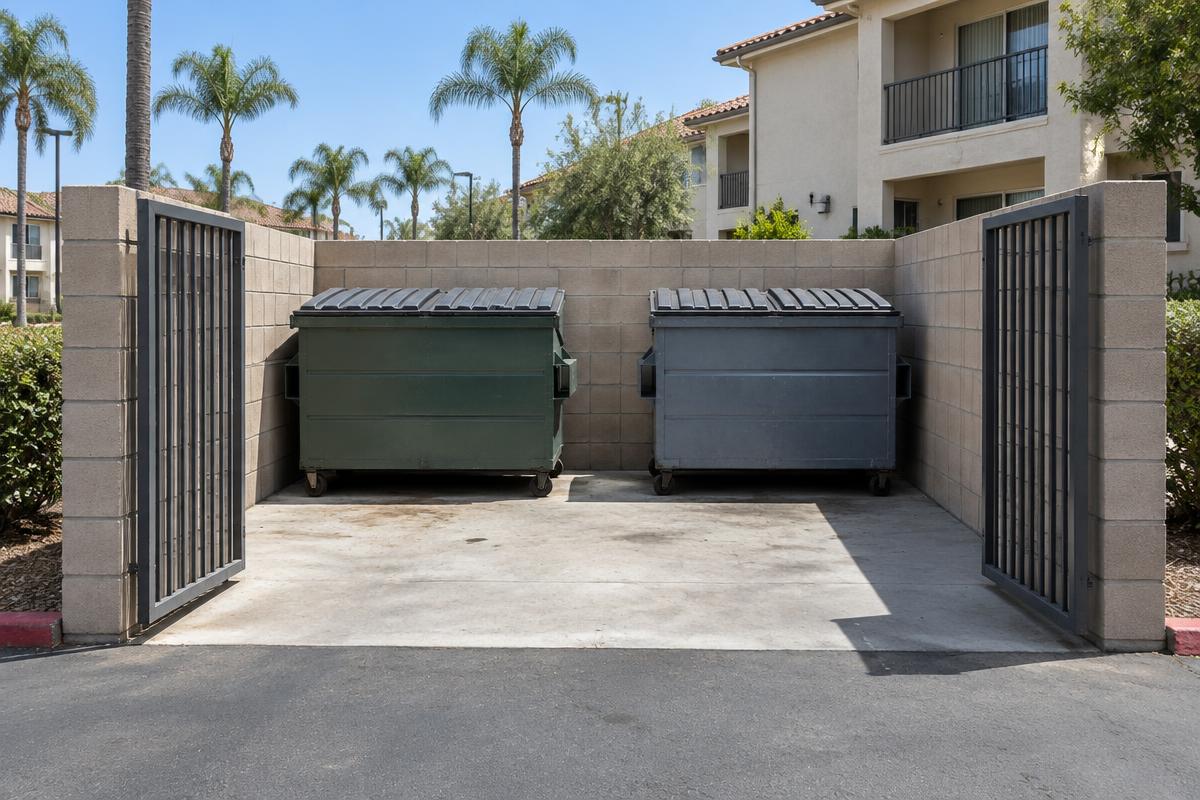 Apartment complex trash enclosure with open metal gates and clean dumpsters inside a block wall surround