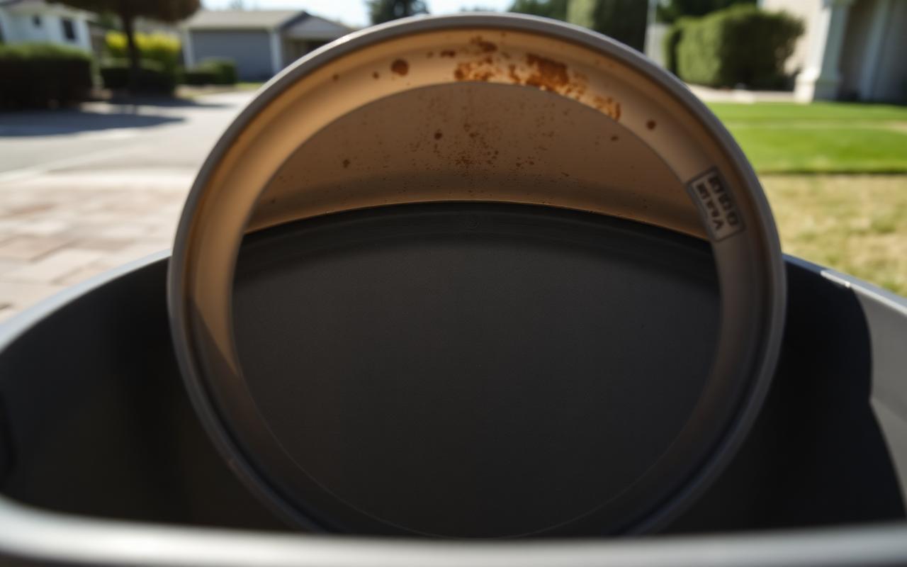 Open empty plastic trash bin with grime residue on the interior rim