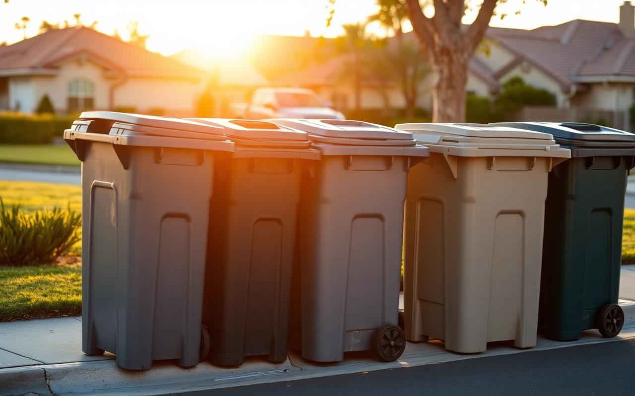 Row of clean residential trash bins on a suburban curb at golden hour